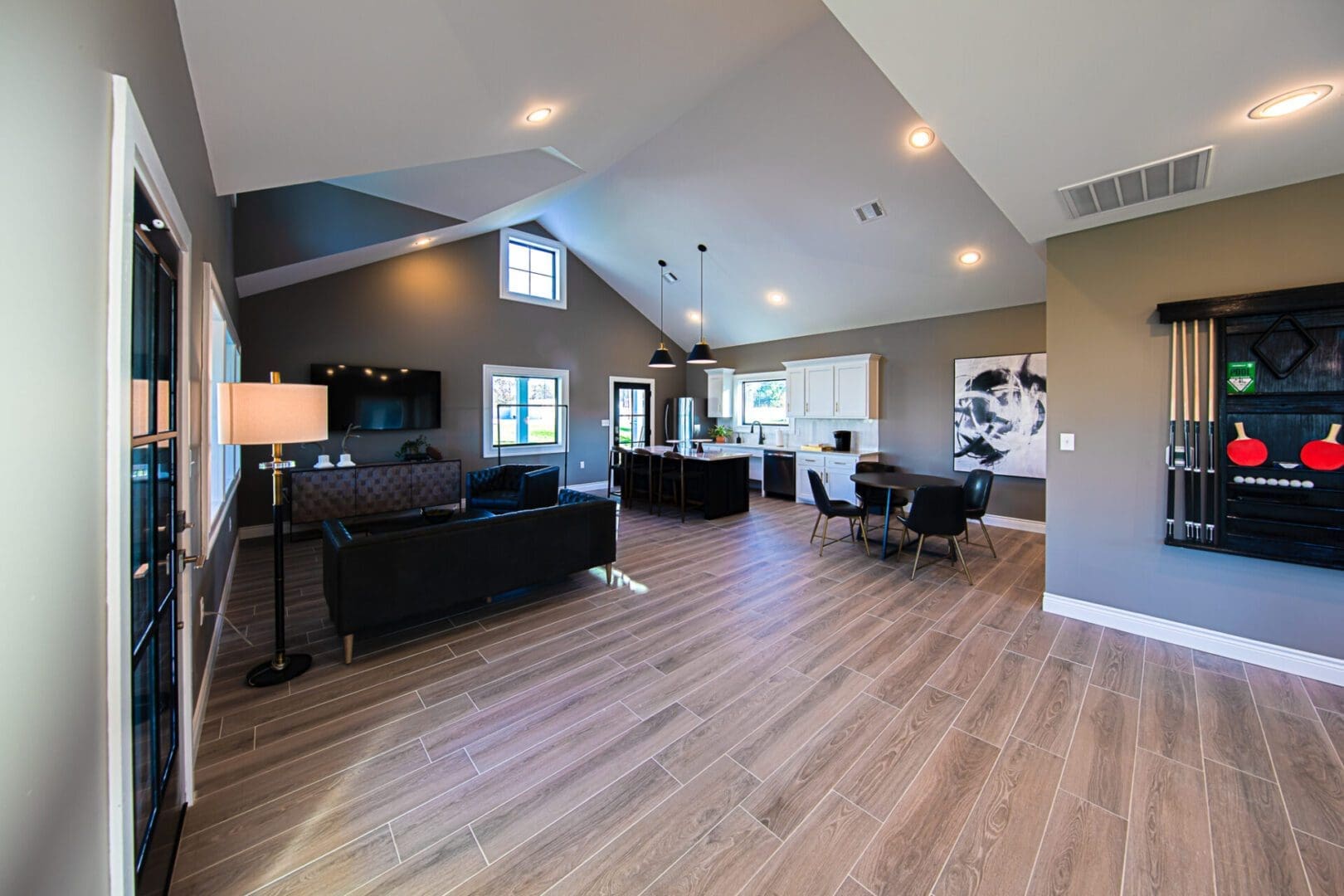 Modern open-concept living room and kitchen.