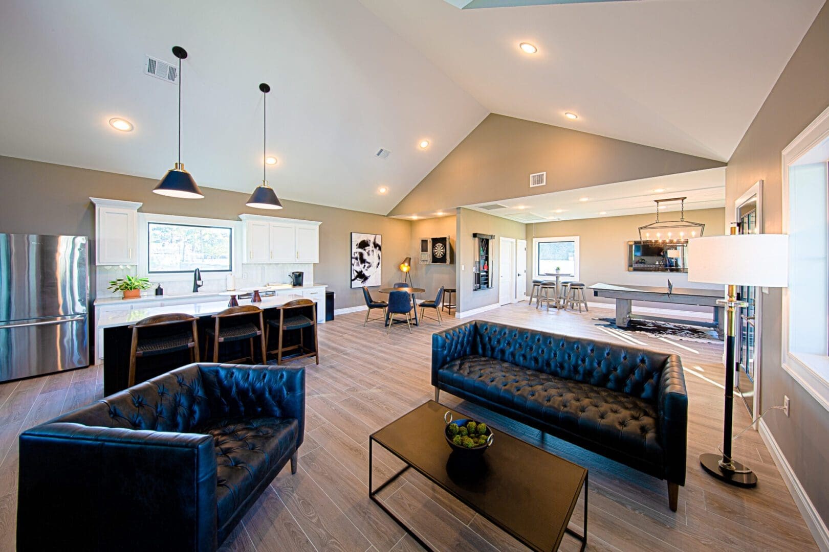 Modern open-concept living room and kitchen space.