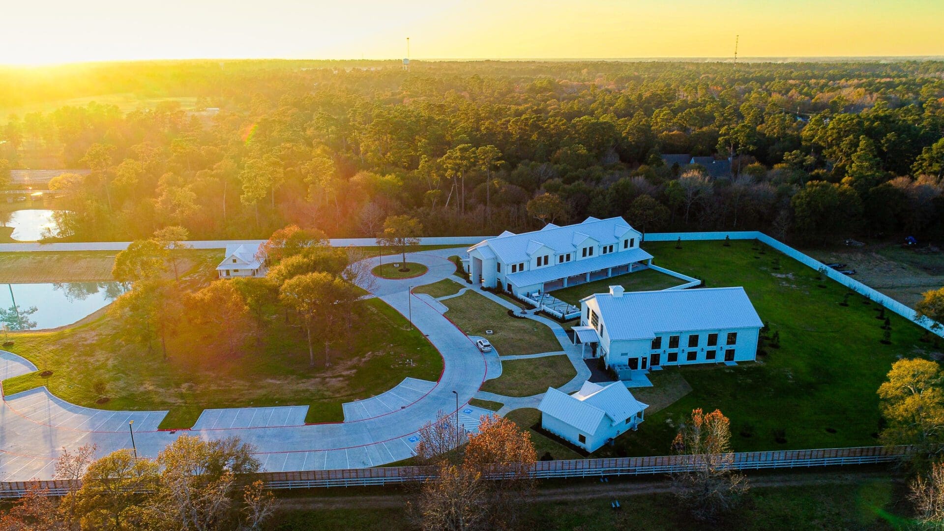 Aerial view of large countryside estate.