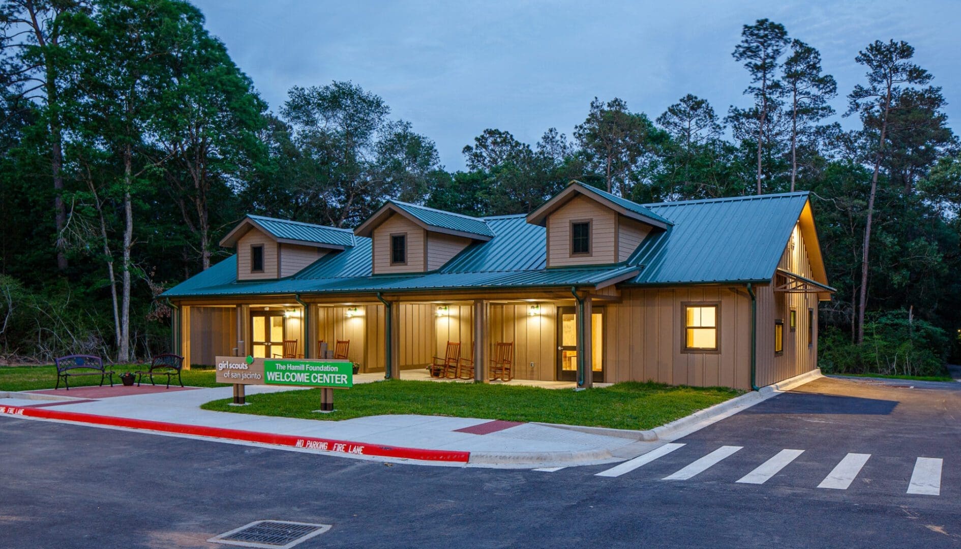 Welcome center building with green roof.