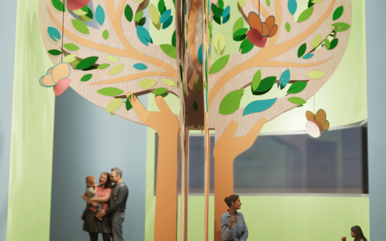 Colorful tree mural with people interacting.