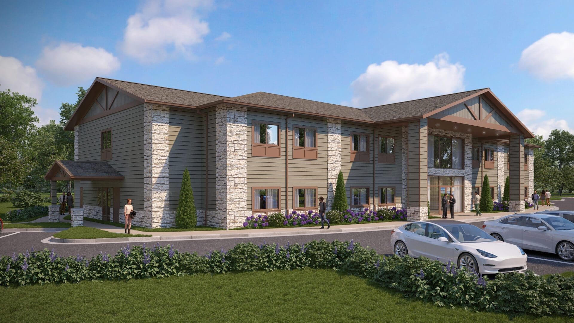 Modern building with parked cars outside.