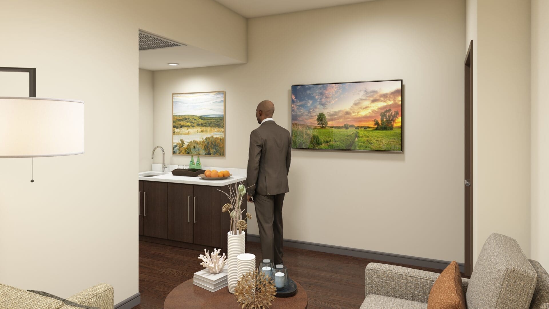 Man standing in a modern hotel room.