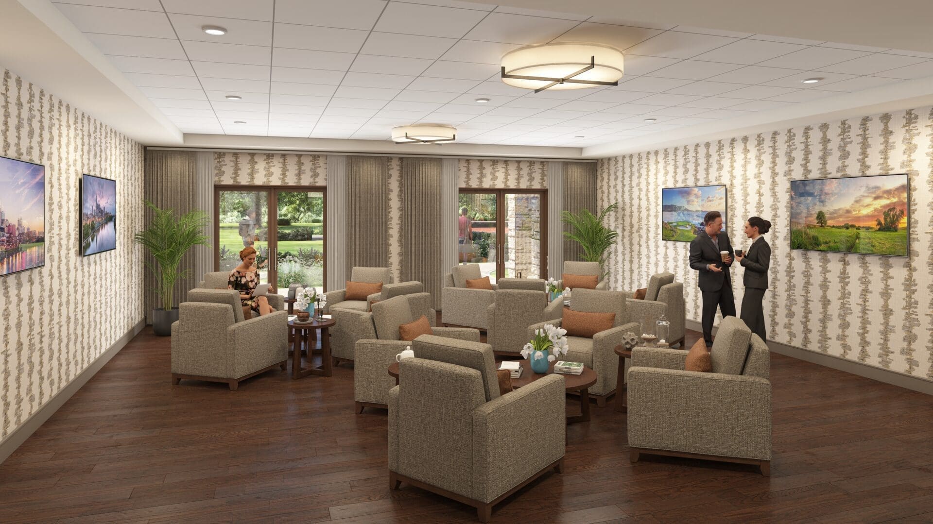 Modern lounge with people and artwork displayed.