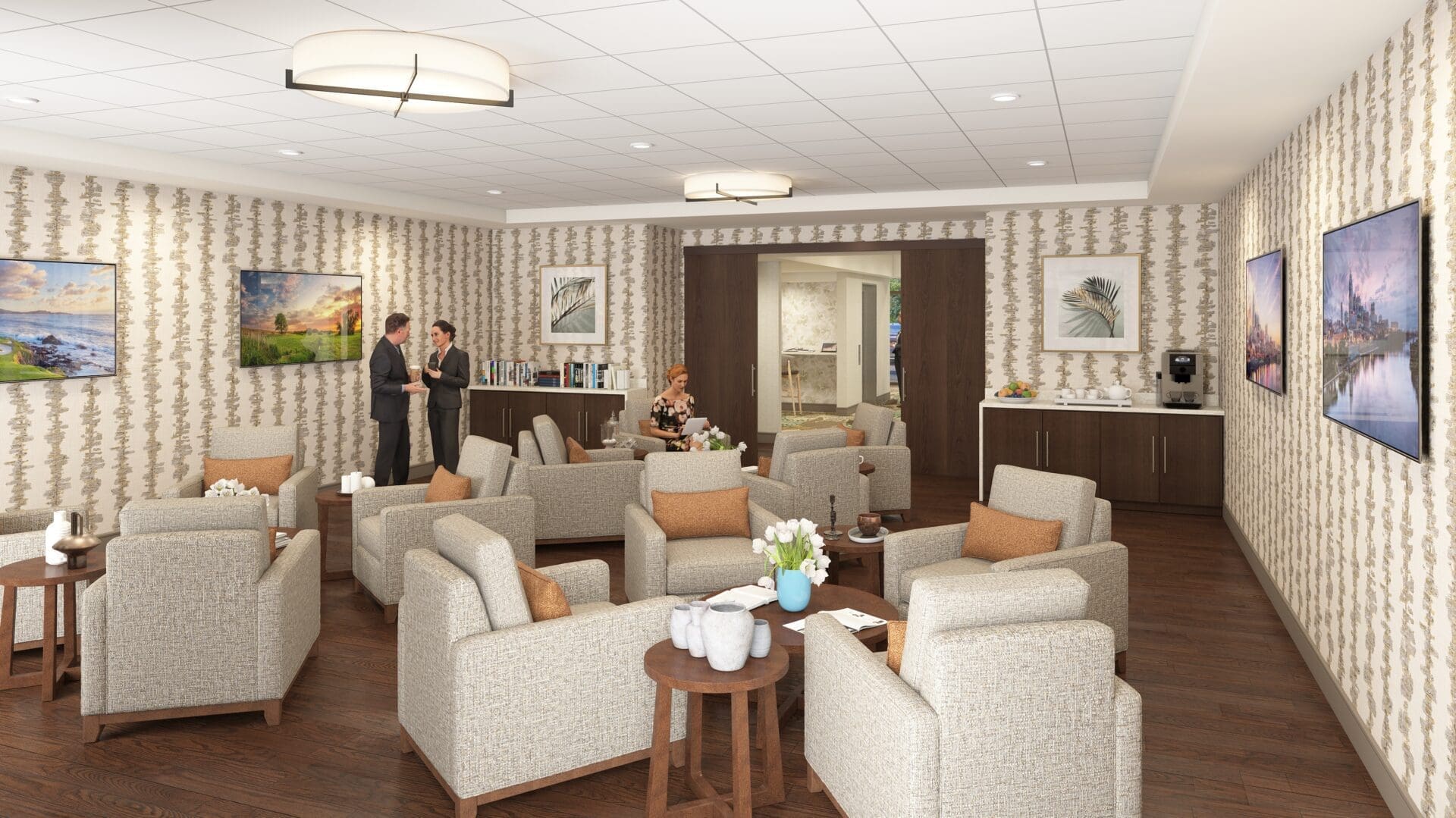 Modern lounge with armchairs and wall art.