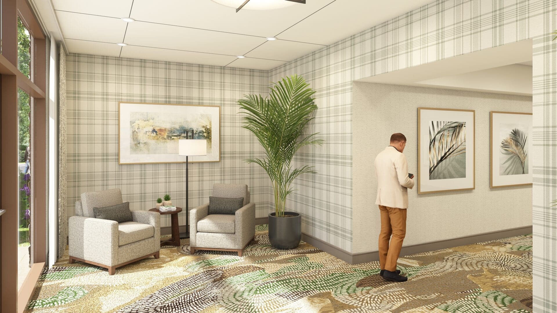 Lobby area with chairs and wall art.