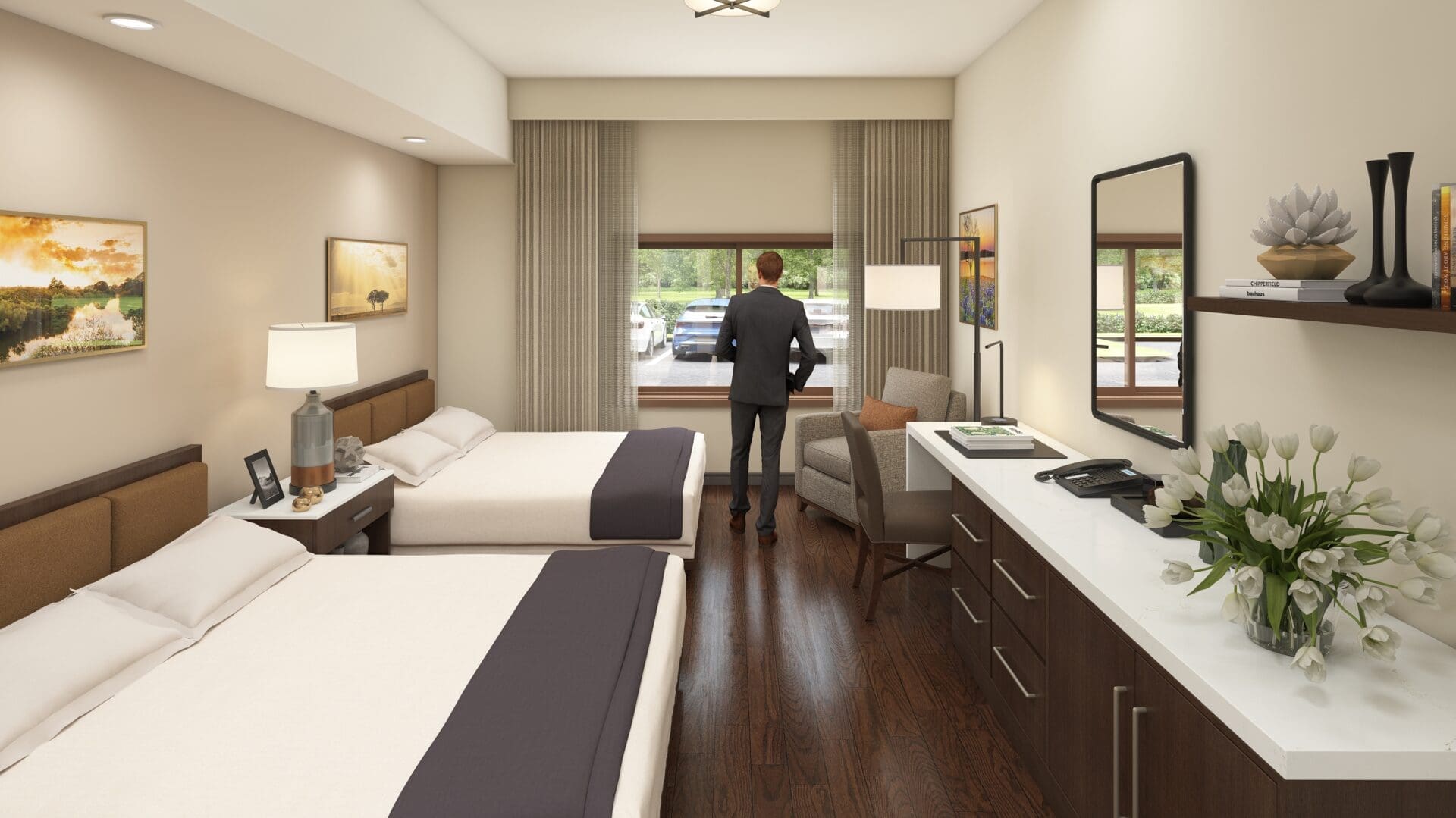 Hotel room with two beds and window view.