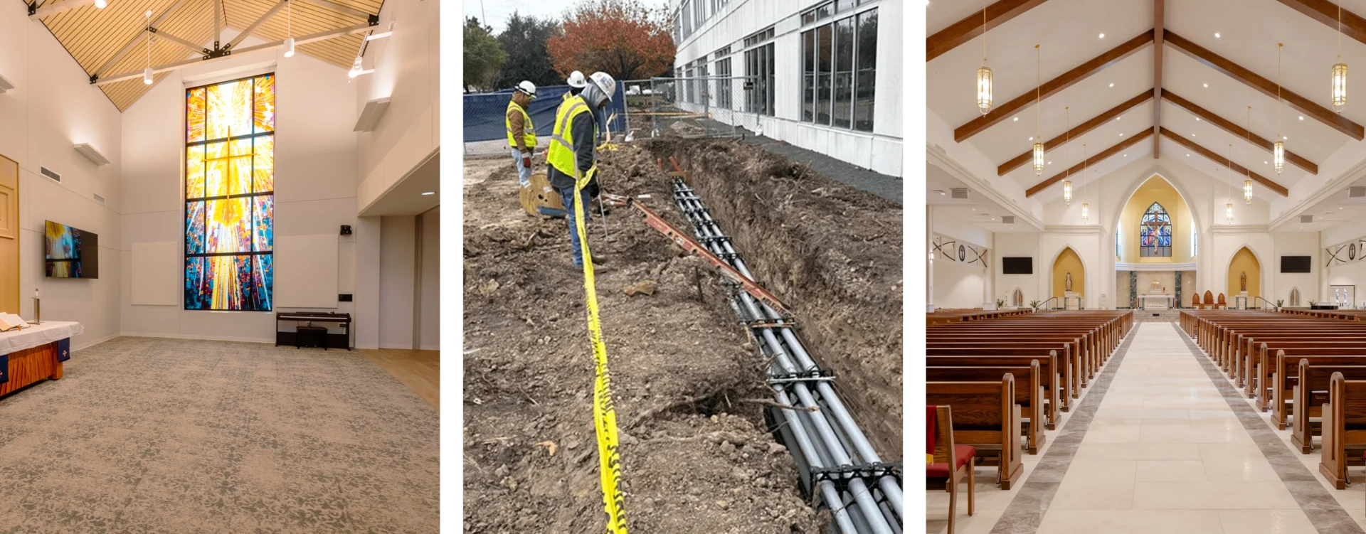 Church interior and construction site with workers.