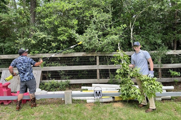 Two men trimming branches near a fence.